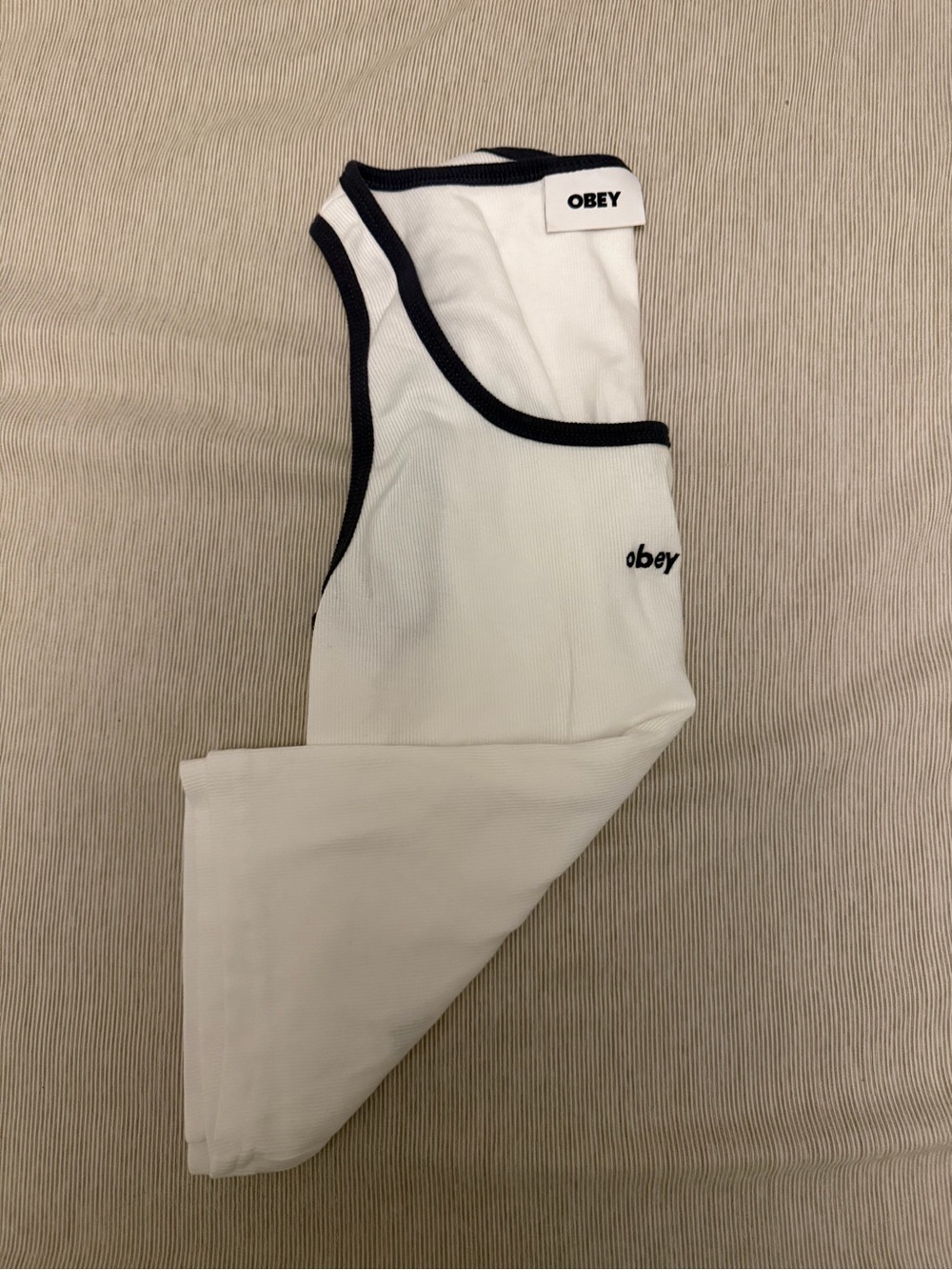 Obey Women’s White Ribbed Tank Top with Navy Trim